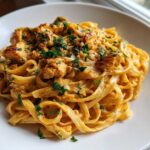 A close-up of a serving of rich Creamy Cajun Chicken Pasta with Garlic Flavor, topped with fresh parsley.