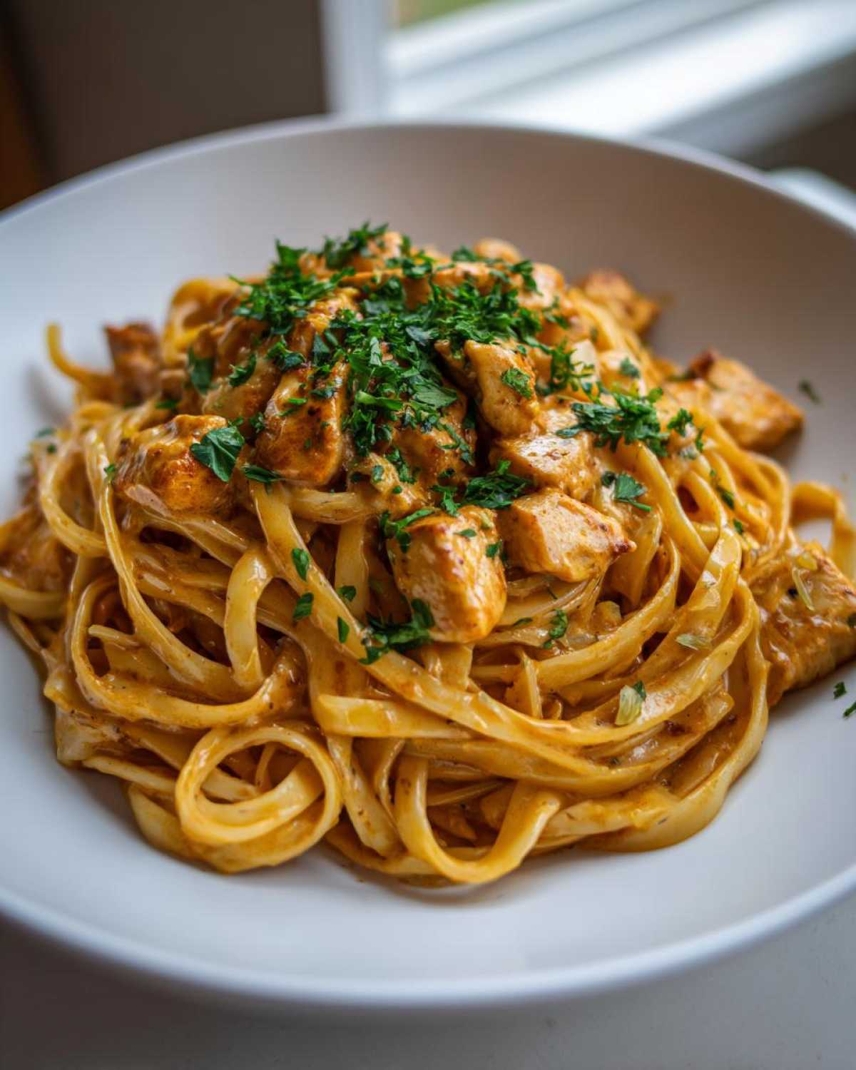 A close-up of a white bowl filled with Creamy Cajun Chicken Pasta, topped with fresh parsley.
