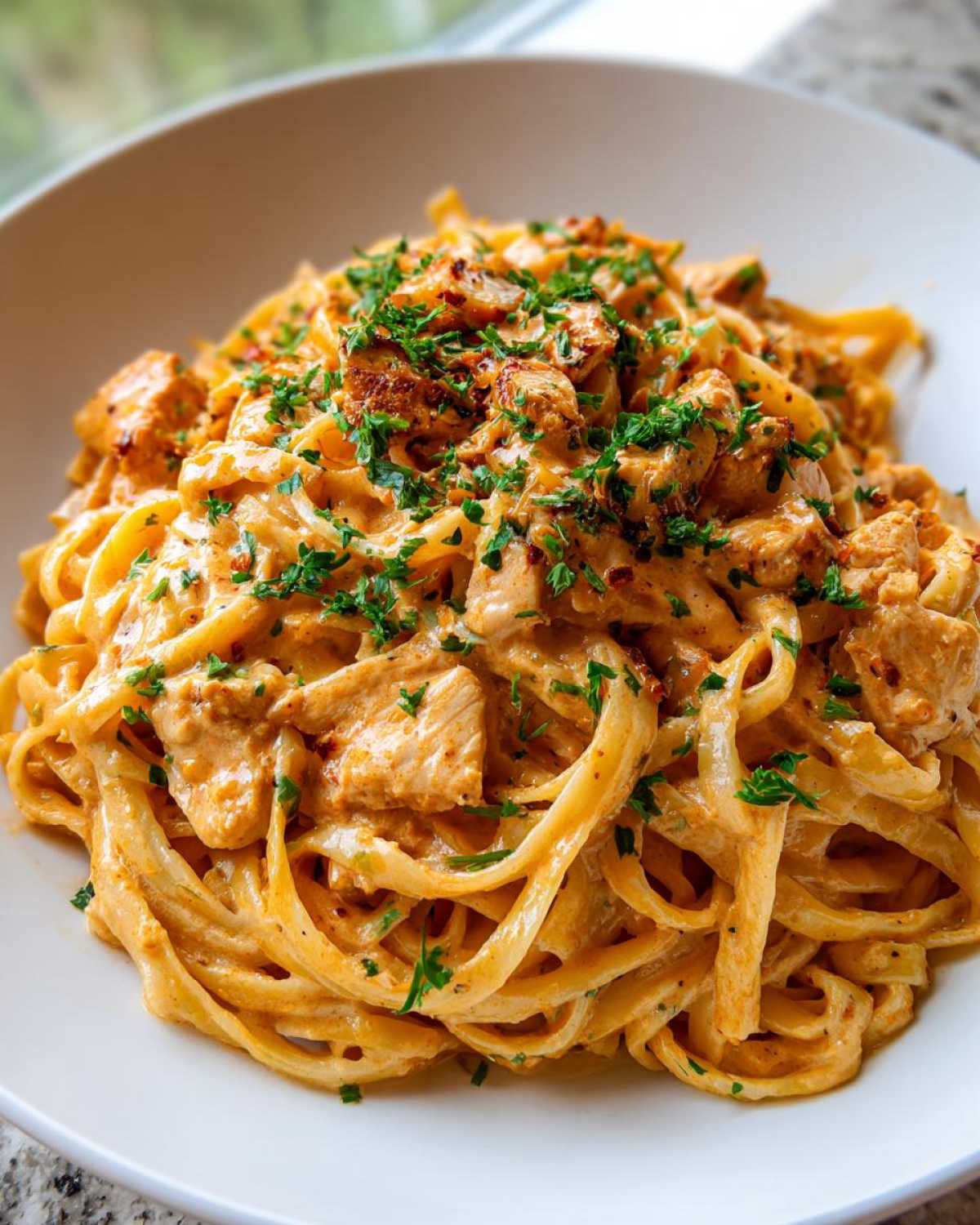 Close-up of a generous bowl of Creamy Cajun Chicken Pasta with chicken pieces, garnished with fresh parsley.