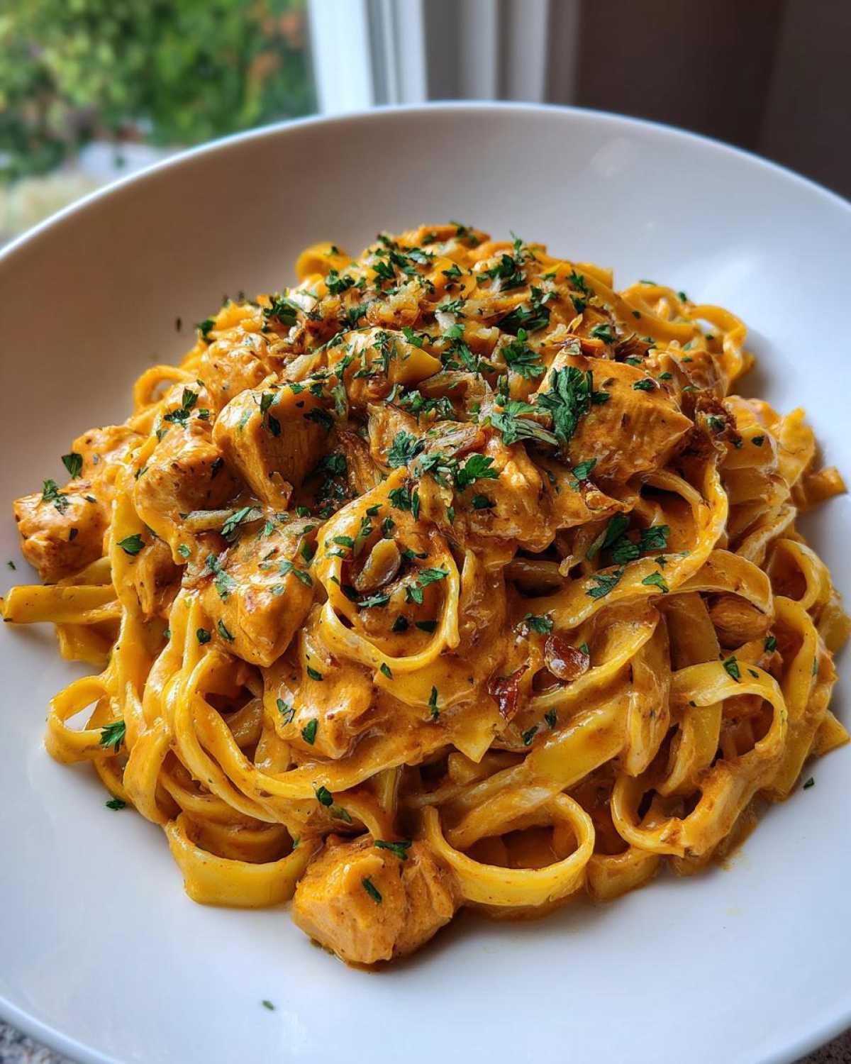 A close-up of fettuccine pasta coated in a rich, orange sauce with chunks of chicken, garnished with parsley, representing Creamy Cajun Chicken Pasta with Garlic Flavor.