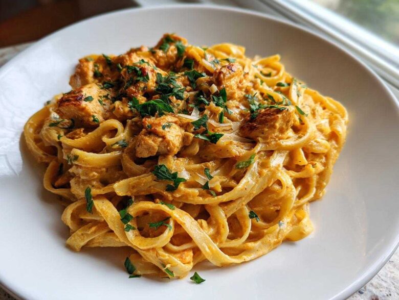 A close-up of a serving of rich Creamy Cajun Chicken Pasta with Garlic Flavor, topped with fresh parsley.
