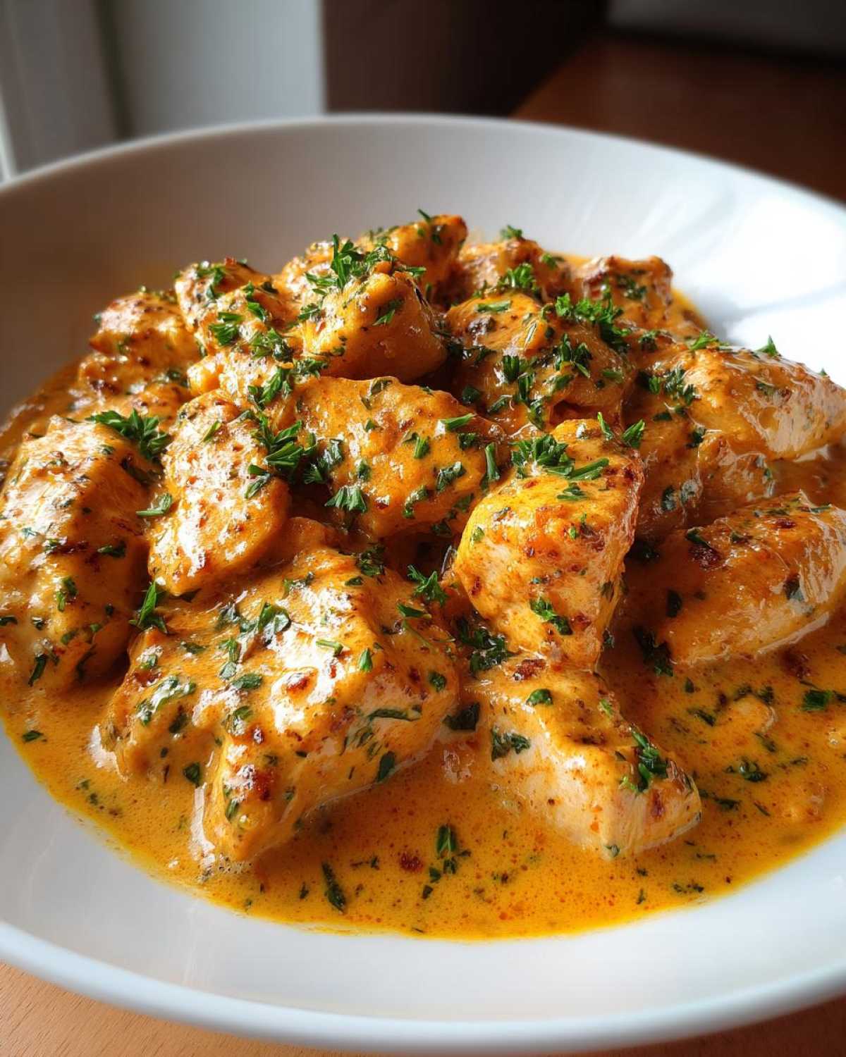 Close-up of tender chicken pieces coated in a rich, orange-hued Creamy Cajun Chicken Skillet with Cream Sauce, garnished with fresh parsley.