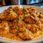 Bite-sized pieces of seared chicken coated in a rich, orange-hued Creamy Cajun Chicken Skillet sauce and sprinkled with fresh herbs.