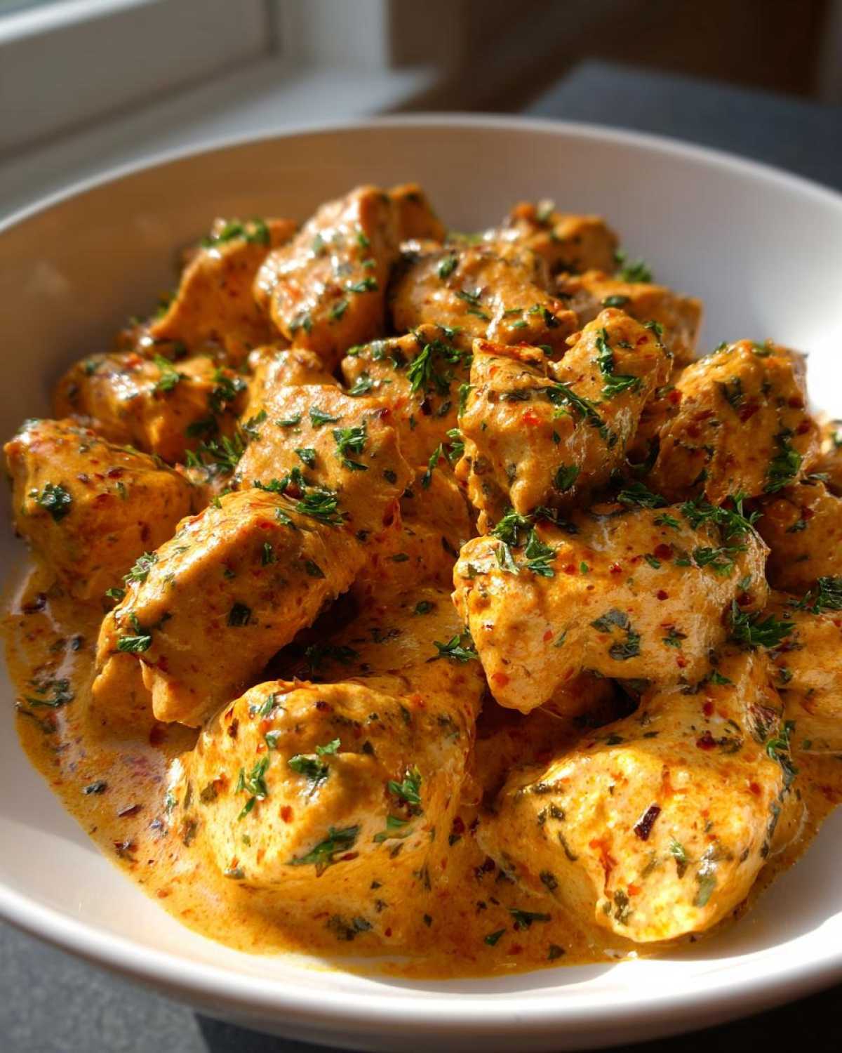 Close-up of tender chicken pieces coated in a rich, orange-hued Creamy Cajun Chicken Skillet with Cream Sauce, garnished with parsley.