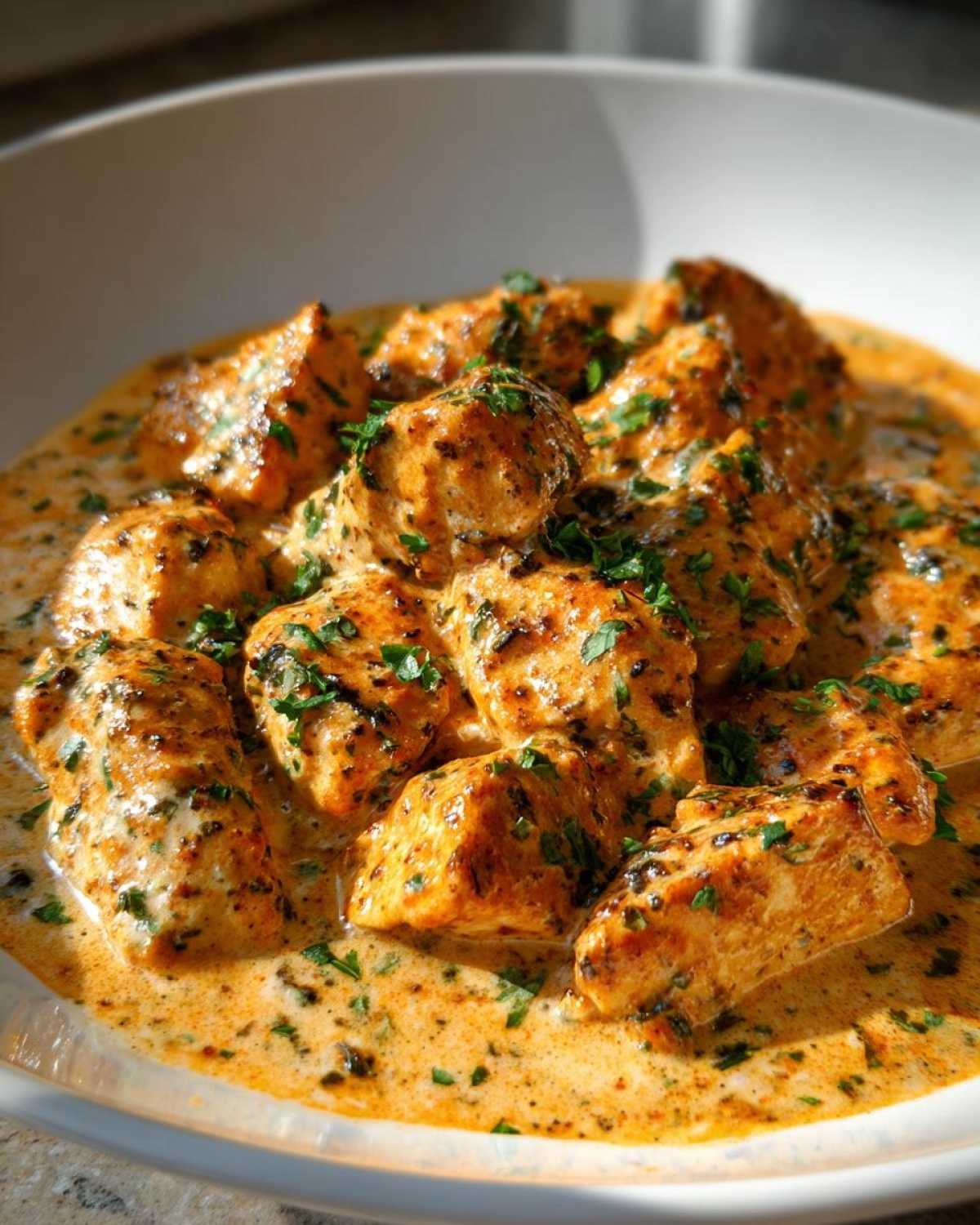 Close-up of seasoned chicken pieces coated in a rich, orange-hued Creamy Cajun Chicken Skillet with Cream Sauce, garnished with parsley.