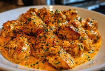 Bite-sized pieces of seared chicken coated in a rich, orange-hued Creamy Cajun Chicken Skillet sauce and sprinkled with fresh herbs.