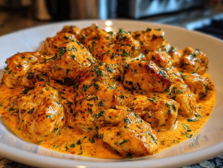 Bite-sized pieces of seared chicken coated in a rich, orange-hued Creamy Cajun Chicken Skillet sauce and sprinkled with fresh herbs.