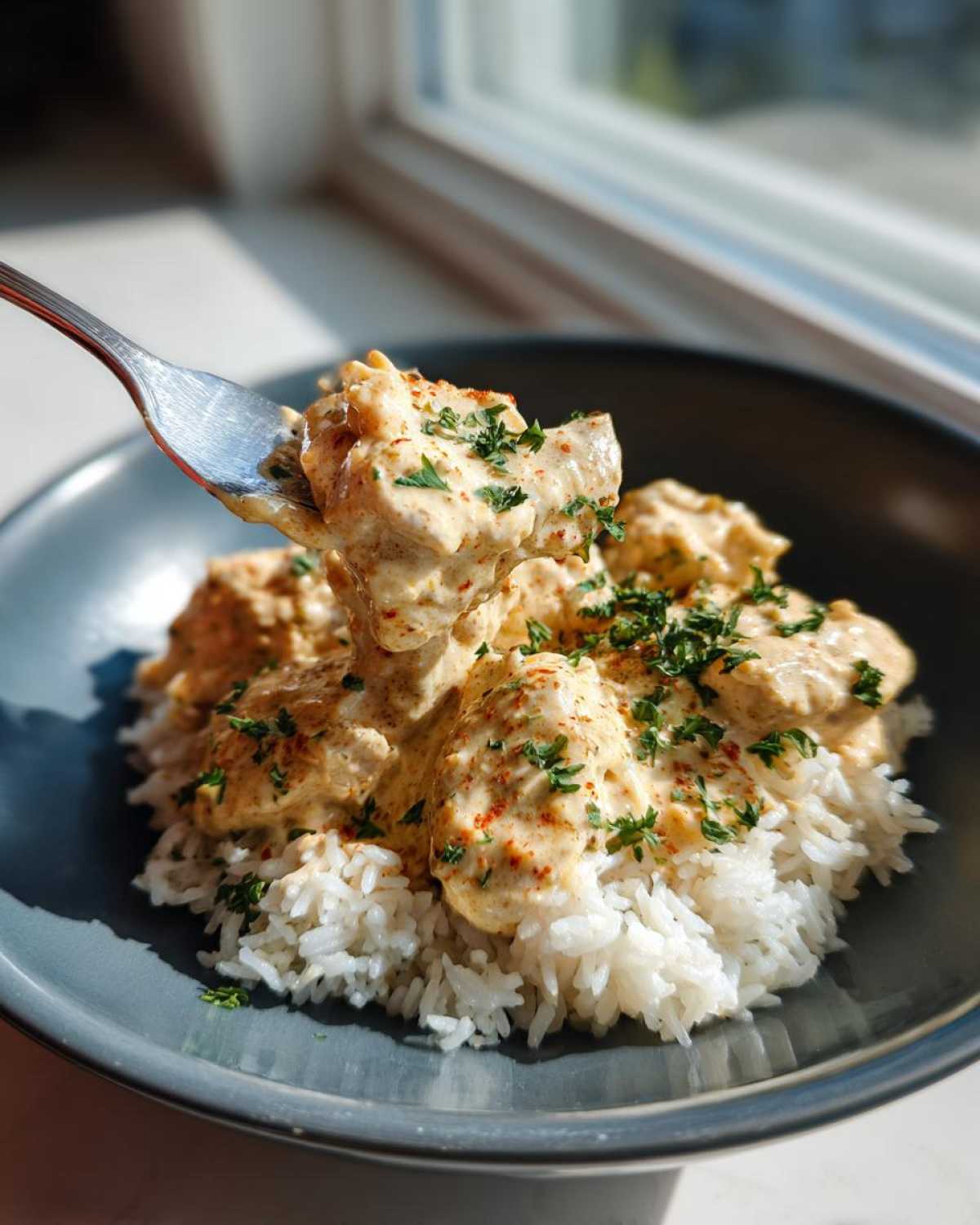 A fork lifts a piece of creamy Cajun chicken skillet over a bed of white rice in a dark bowl.