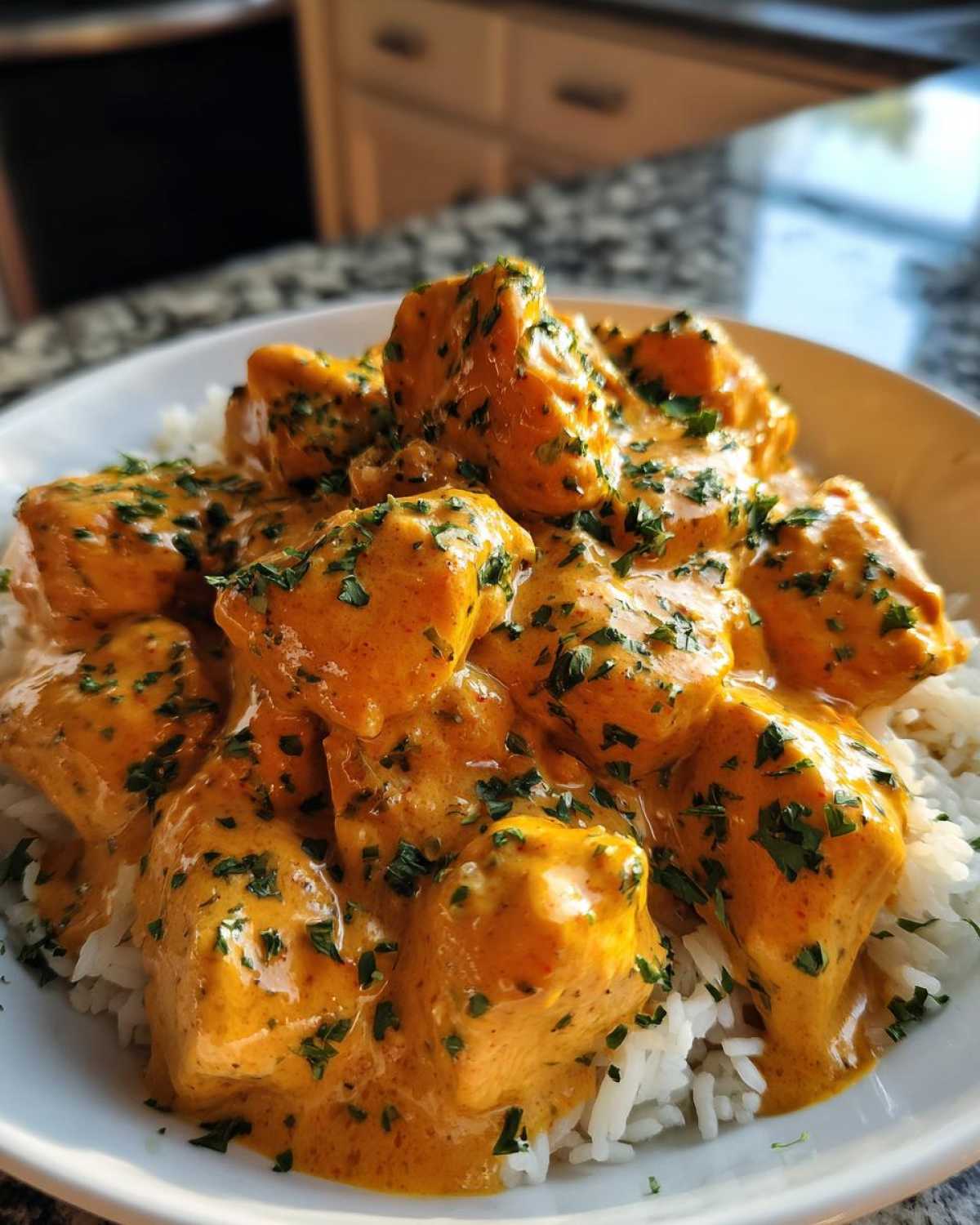 Close-up of bite-sized chicken pieces coated in orange, creamy Cajun sauce, served over white rice and garnished with parsley.