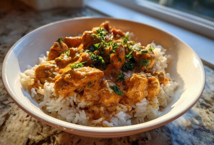 A bowl of Creamy Cajun Chicken Skillet with Rice topped with fresh parsley, lit by sunlight.