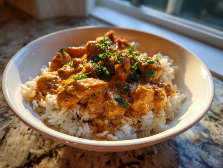 A bowl of Creamy Cajun Chicken Skillet with Rice topped with fresh parsley, lit by sunlight.