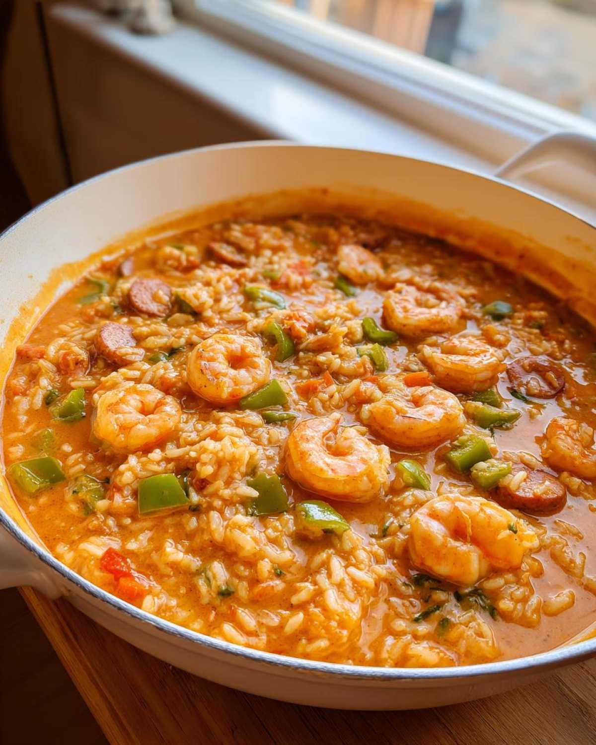 Close-up of a creamy Cajun Shrimp and Rice Skillet featuring plump shrimp, sausage slices, and green peppers in a rich orange sauce.