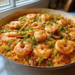 A featured image of a Creamy Cajun Shrimp and Rice Skillet, topped with large shrimp and green onions.