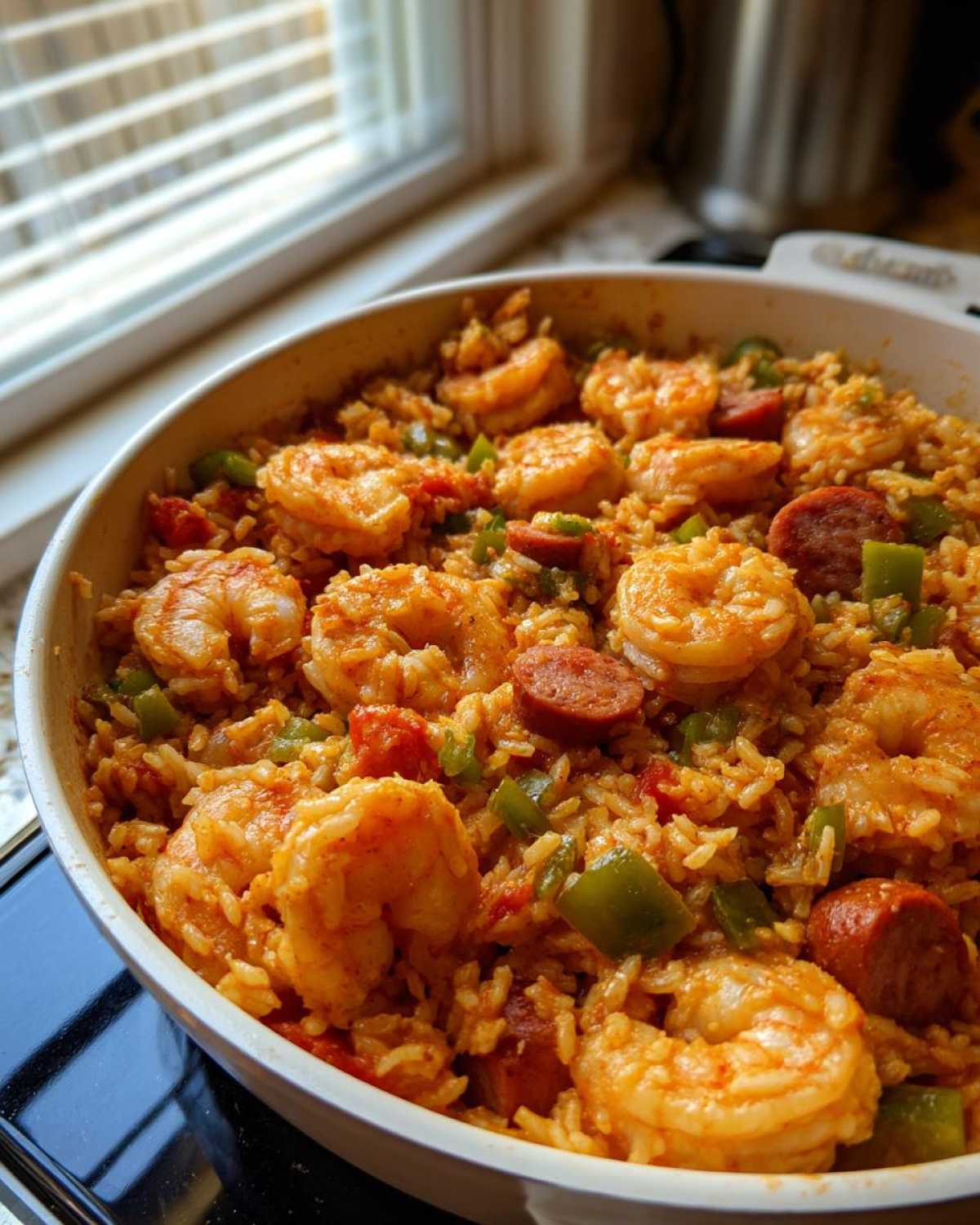 Close-up of Creamy Cajun Shrimp and Rice Skillet with sausage and green peppers in a white skillet.