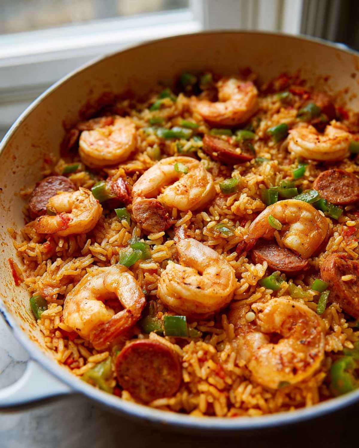 Close-up of Creamy Cajun Shrimp and Rice Skillet with sausage slices and green peppers in a white skillet.
