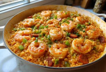 A featured image of a Creamy Cajun Shrimp and Rice Skillet, topped with large shrimp and green onions.