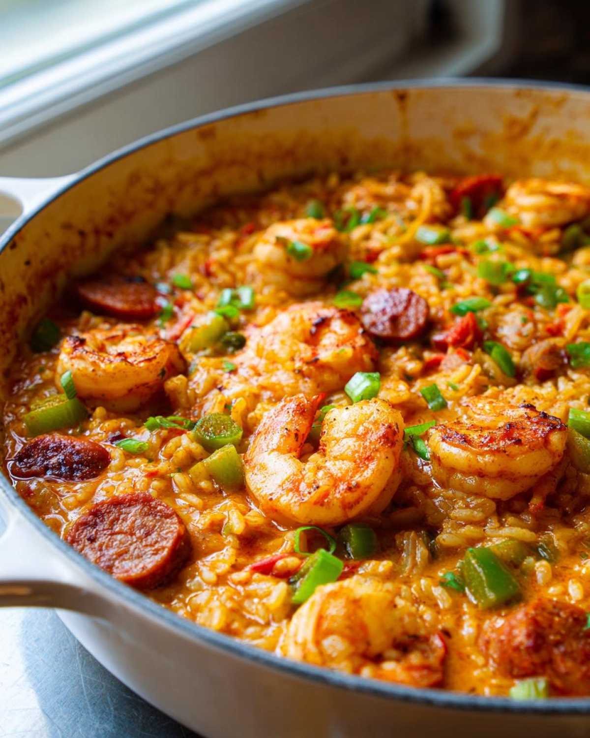 Close-up of a white skillet filled with Creamy Cajun Shrimp and Rice Skillet, topped with seared shrimp and green onions.