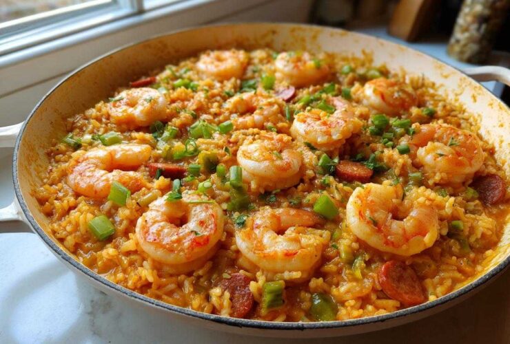 A featured image of a Creamy Cajun Shrimp and Rice Skillet, topped with large shrimp and green onions.