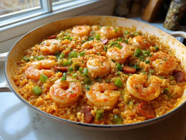 A featured image of a Creamy Cajun Shrimp and Rice Skillet, topped with large shrimp and green onions.