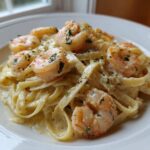 Close-up of creamy Garlic Butter Shrimp Alfredo Pasta with fettuccine noodles and seasoned shrimp.