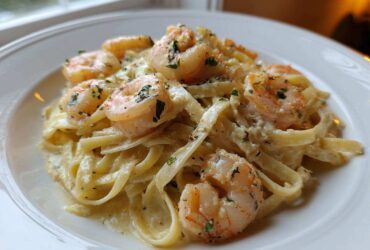 Close-up of creamy Garlic Butter Shrimp Alfredo Pasta with fettuccine noodles and seasoned shrimp.