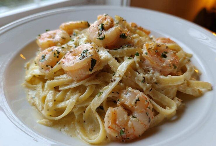 Close-up of creamy Garlic Butter Shrimp Alfredo Pasta with fettuccine noodles and seasoned shrimp.