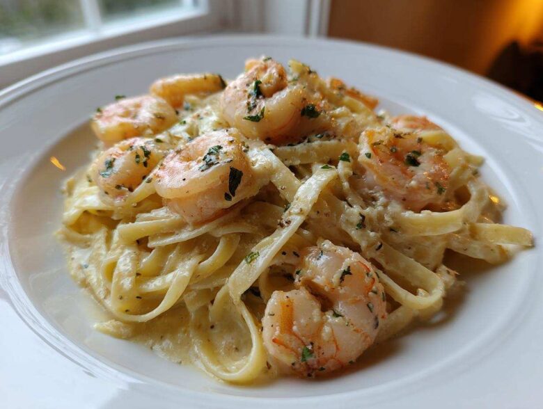 Close-up of creamy Garlic Butter Shrimp Alfredo Pasta with fettuccine noodles and seasoned shrimp.