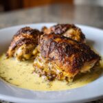Close-up of three Creamy Garlic Chicken Thighs with perfectly crispy, dark skin resting in a pool of rich, yellow garlic cream sauce.