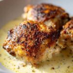 Close-up of perfectly cooked Creamy Garlic Chicken Thighs with crispy, seasoned skin resting in a rich garlic cream sauce.