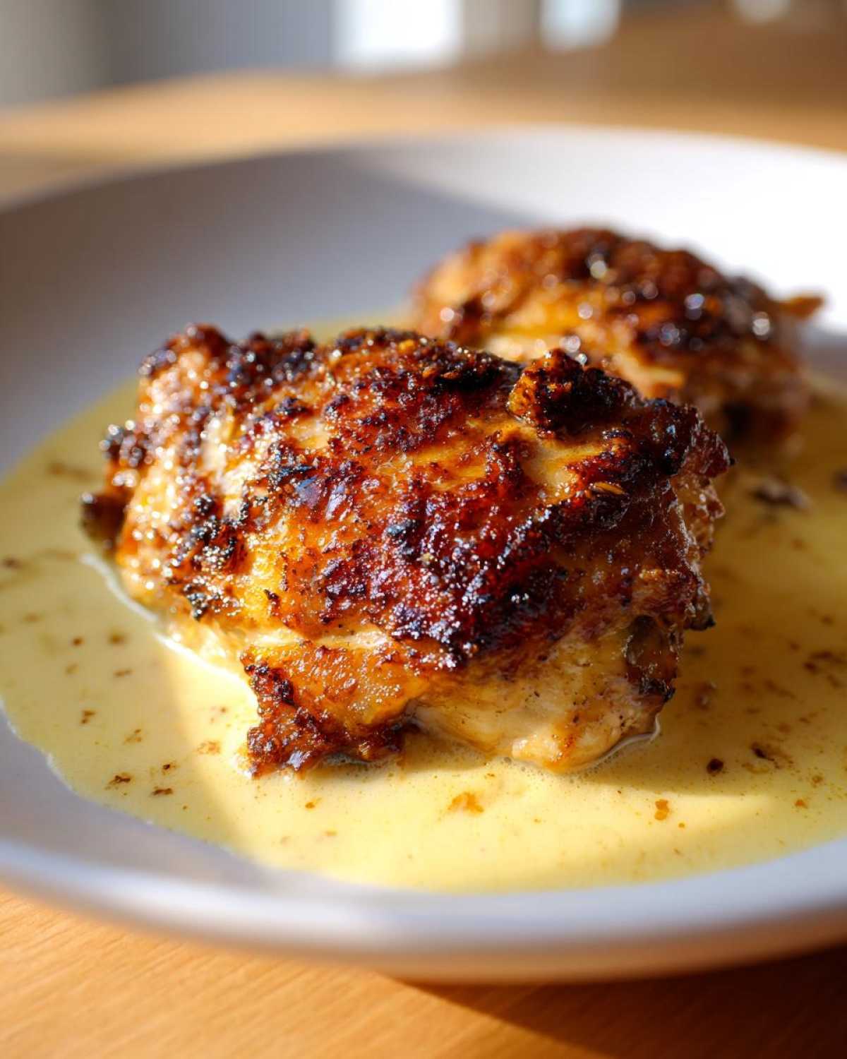 Two perfectly seared Creamy Garlic Chicken Thighs with crispy skin resting in a pool of rich garlic cream sauce.