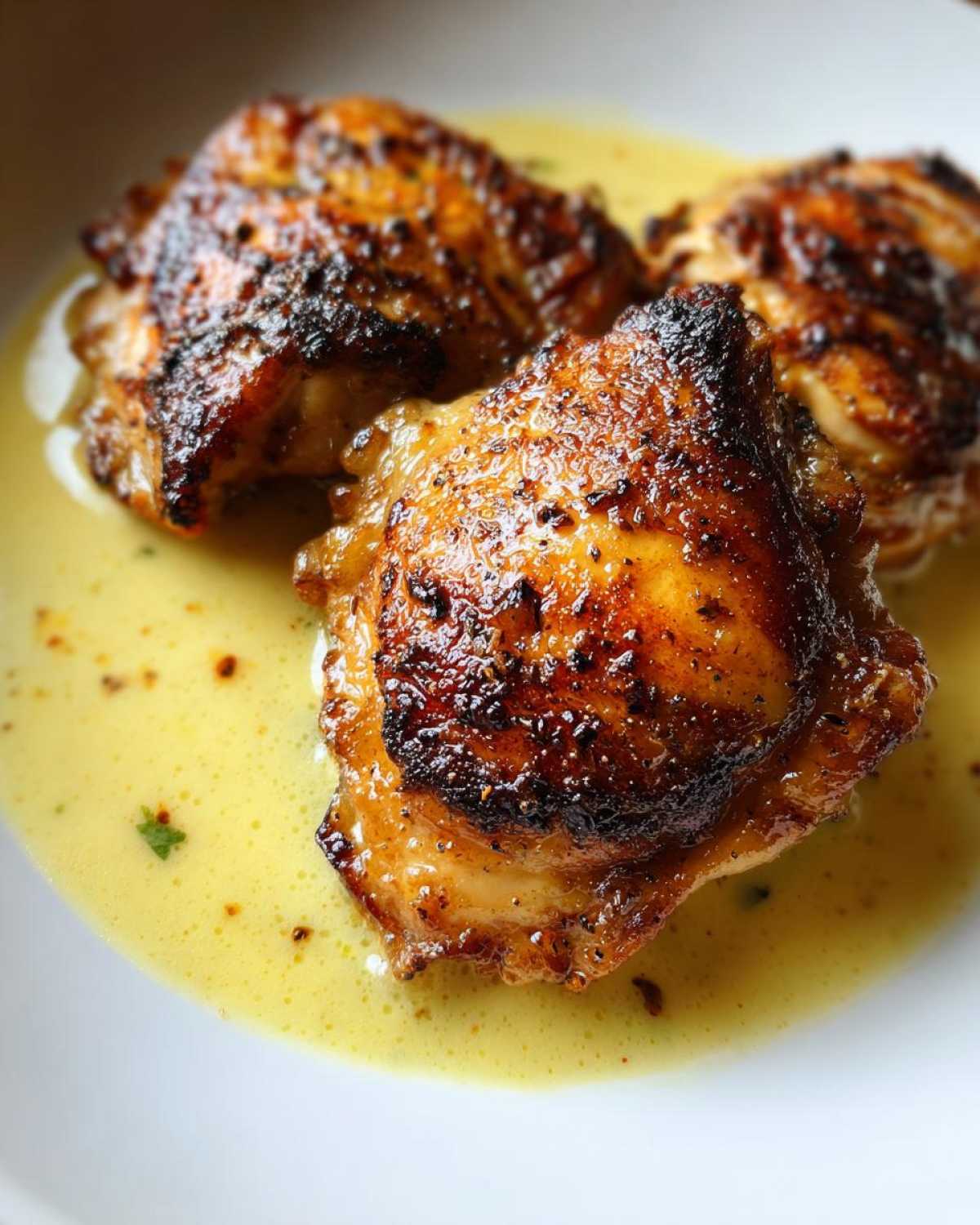 Three pieces of Creamy Garlic Chicken Thighs with perfectly crispy, browned skin resting in a pool of rich, yellow garlic sauce.