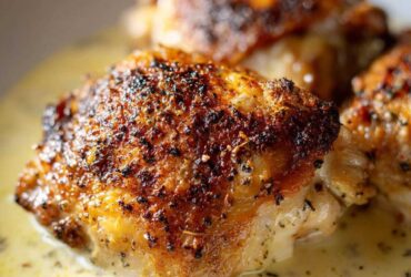 Close-up of perfectly cooked Creamy Garlic Chicken Thighs with crispy, seasoned skin resting in a rich garlic cream sauce.