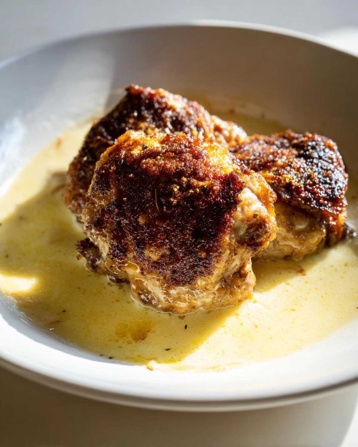 Three pieces of Creamy Garlic Chicken Thighs with perfectly crispy, dark brown skin resting in a pool of rich, yellow garlic cream sauce.