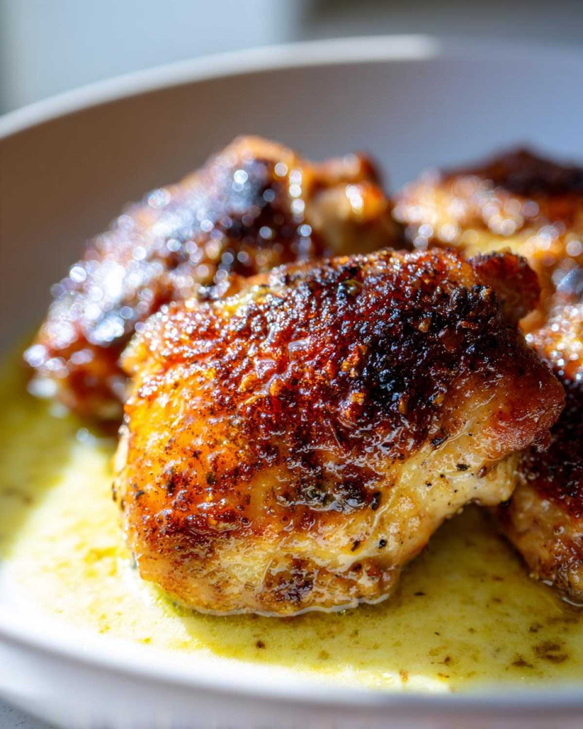 Close-up of perfectly seared Creamy Garlic Chicken Thighs with rich, crispy, browned skin sitting in a pool of yellow sauce.