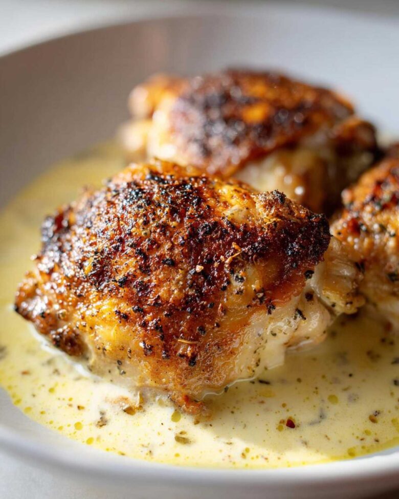 Close-up of perfectly cooked Creamy Garlic Chicken Thighs with crispy, seasoned skin resting in a rich garlic cream sauce.