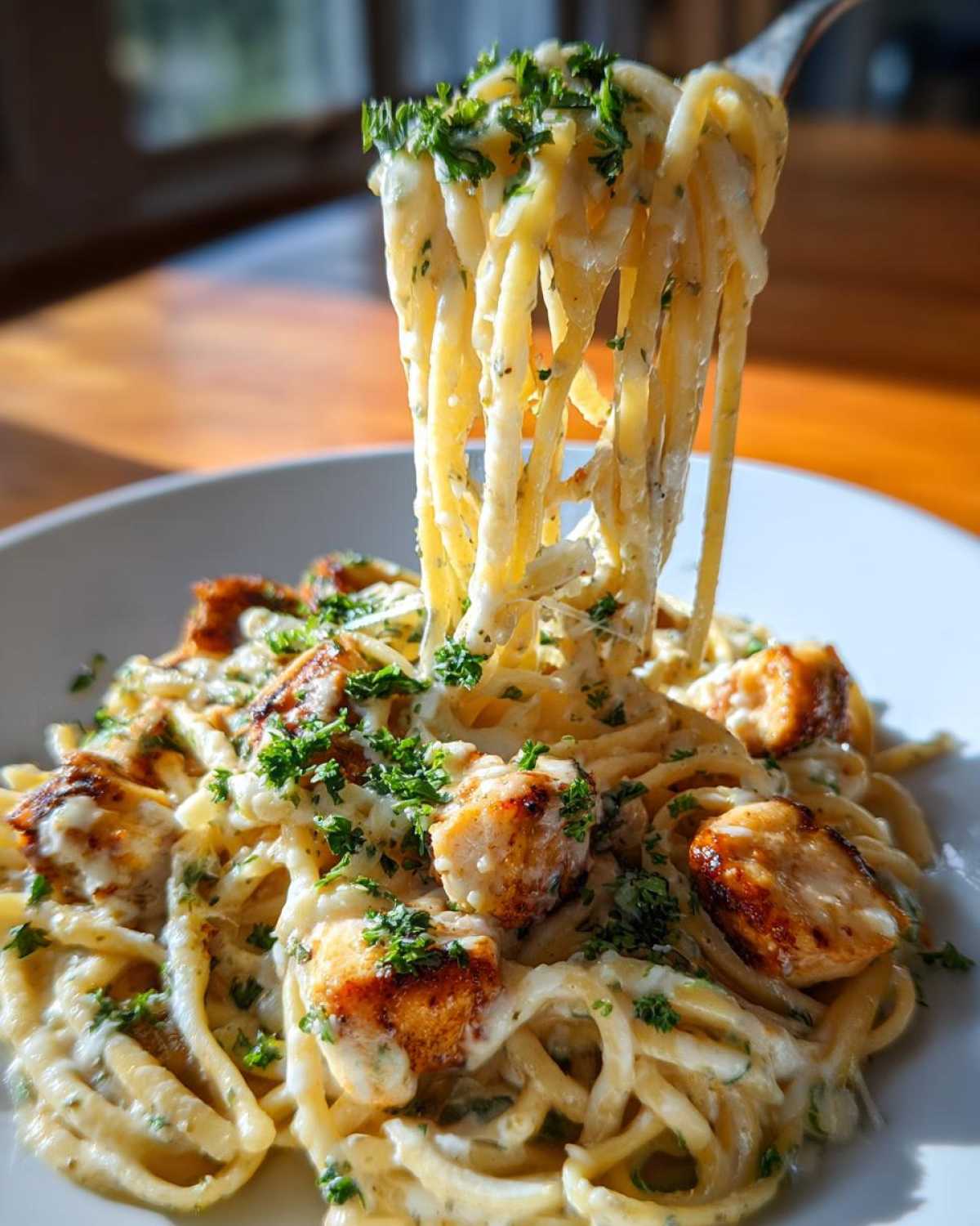 A fork twirls long strands of pasta coated in a creamy sauce, mixed with chunks of seared chicken from the Honey Garlic Chicken Pasta with Cream Sauce.