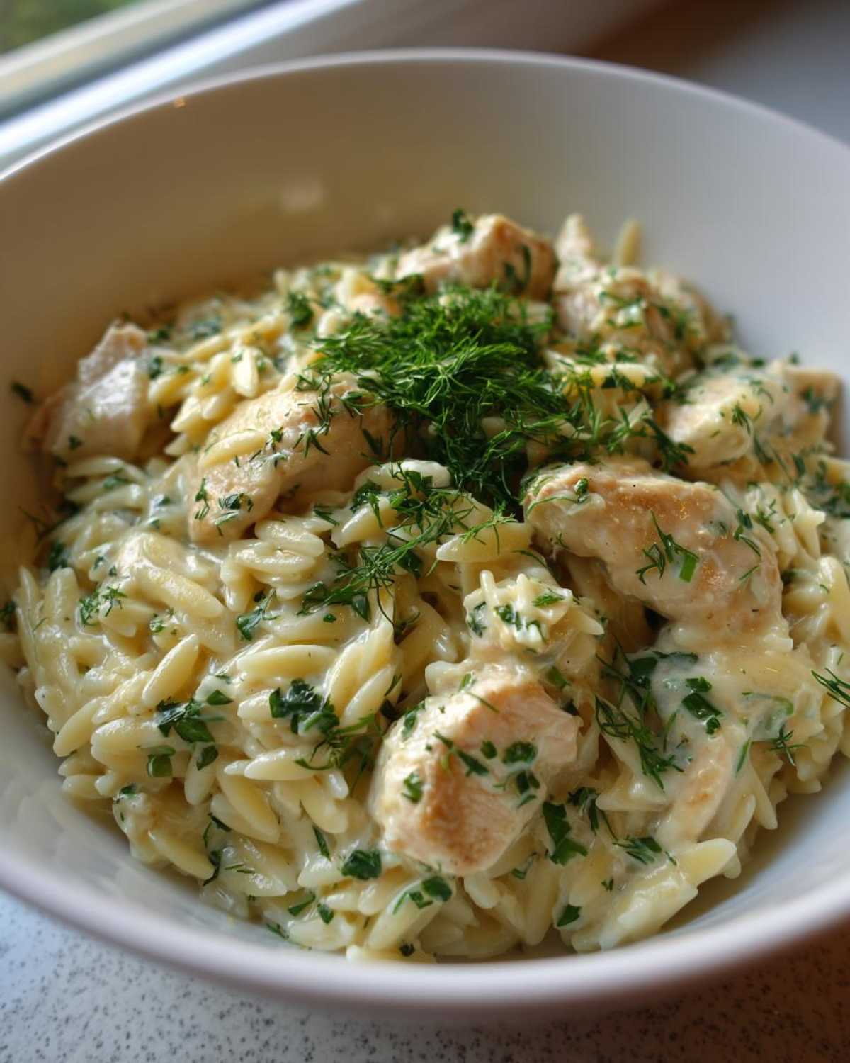 Close-up of a white bowl filled with Creamy Lemon Chicken Orzo, topped with fresh dill and parsley.
