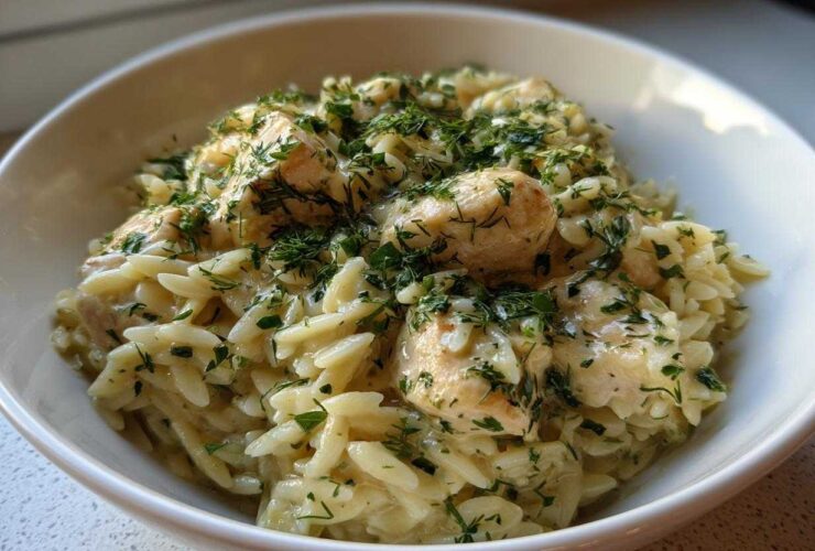A close-up of a bowl of Creamy Lemon Chicken Orzo generously topped with fresh chopped herbs.