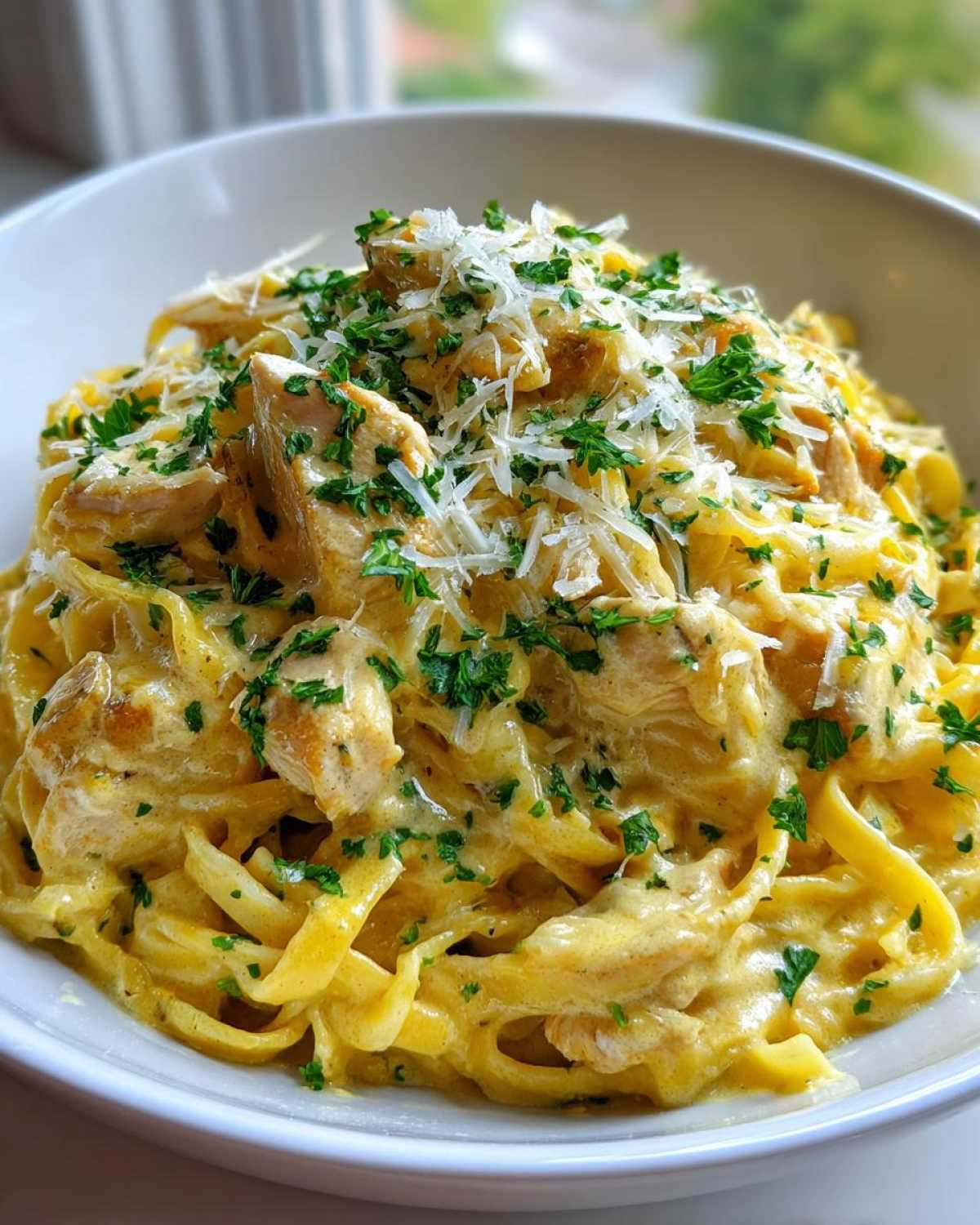Close-up of a bowl of Creamy Lemon Chicken Pasta with Parmesan topped with fresh parsley.