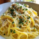 Close-up of a bowl of Creamy Lemon Chicken Pasta with Parmesan, topped with shredded cheese and parsley.