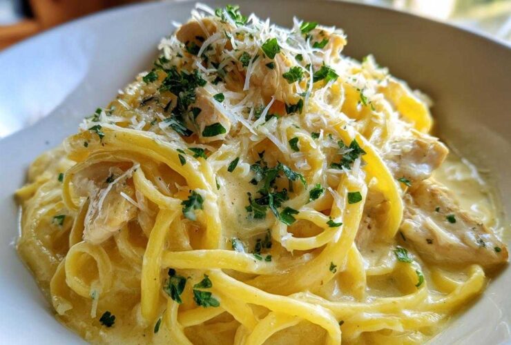 Close-up of a bowl of Creamy Lemon Chicken Pasta with Parmesan, topped with shredded cheese and parsley.