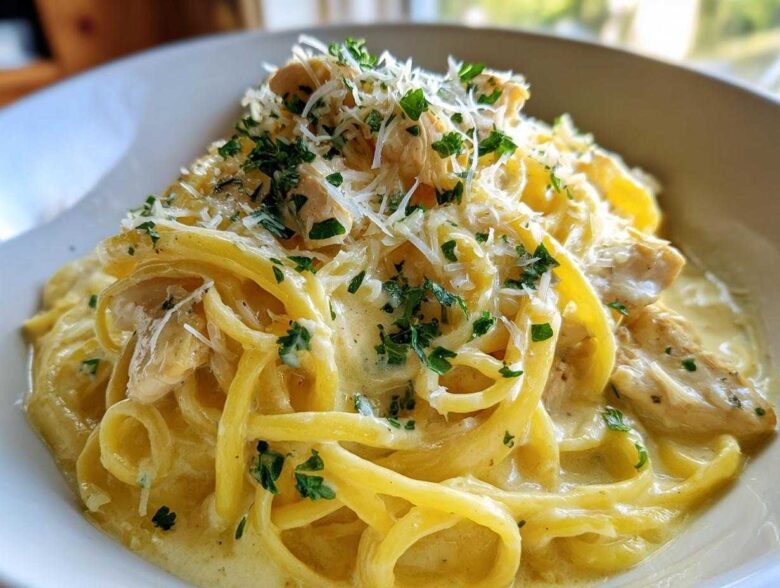Close-up of a bowl of Creamy Lemon Chicken Pasta with Parmesan, topped with shredded cheese and parsley.