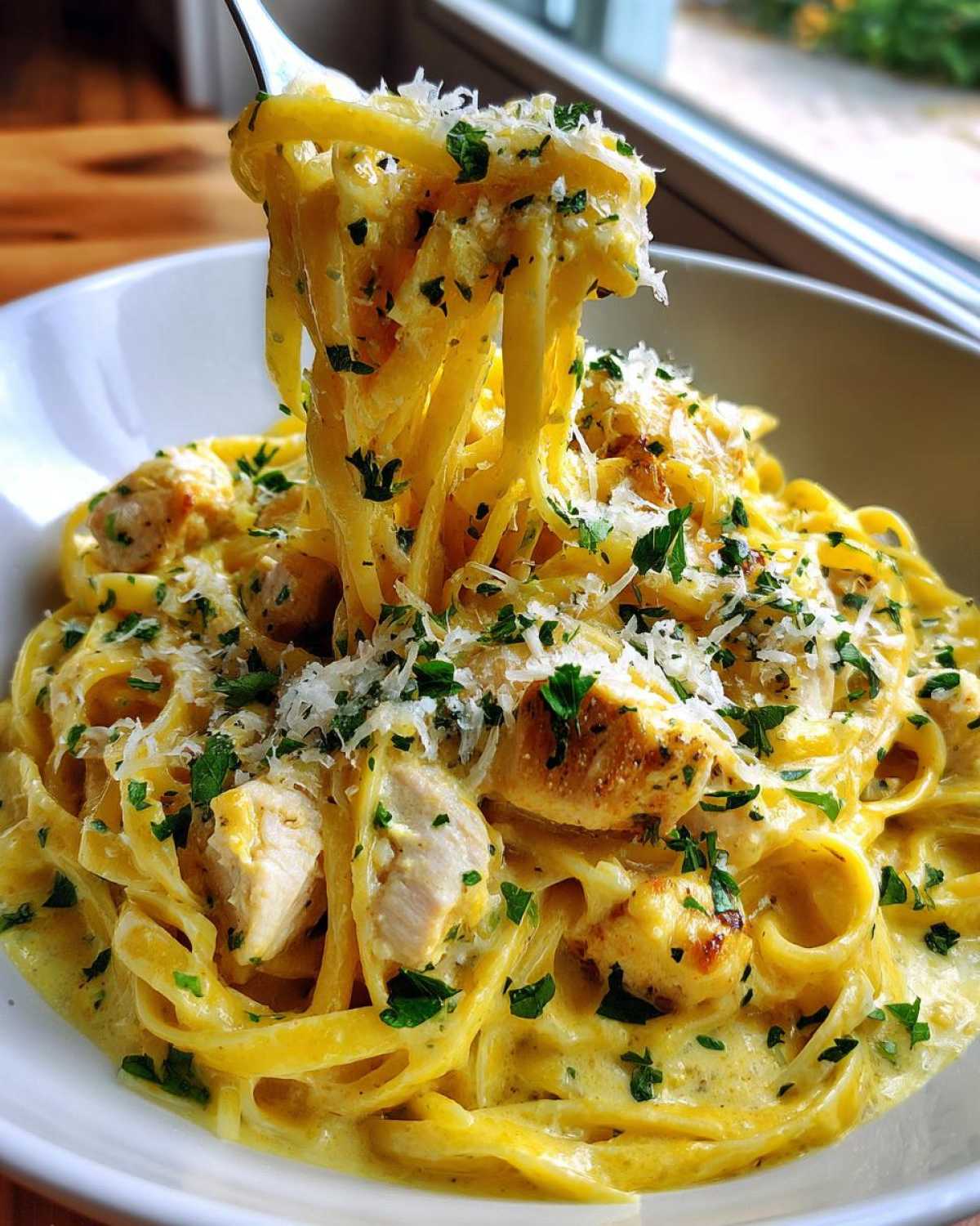 A fork lifting strands of creamy lemon chicken pasta with parmesan cheese and fresh parsley.