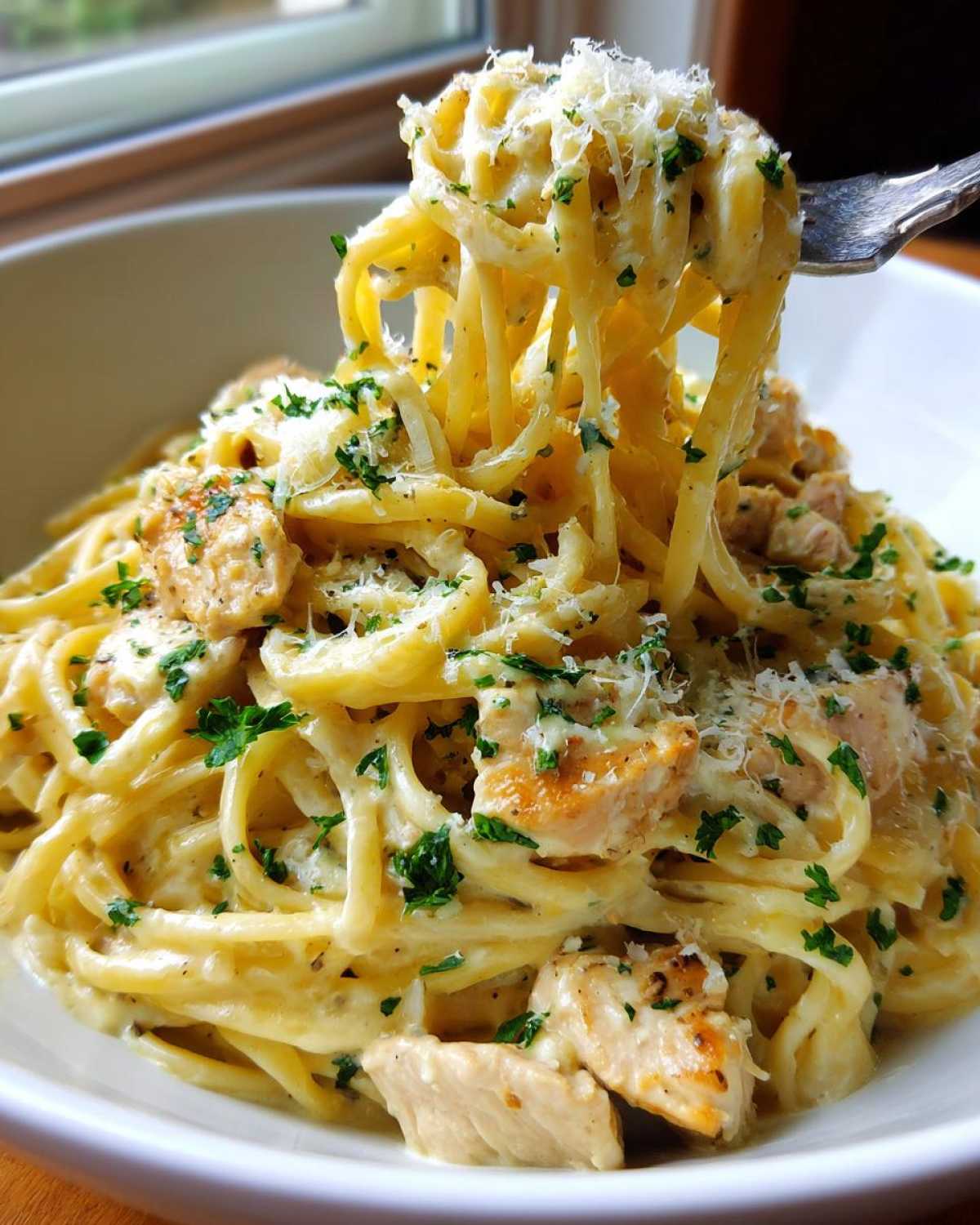 A fork lifting spaghetti coated in creamy sauce, chicken pieces, and topped with grated Parmesan and parsley: Creamy Lemon Chicken Pasta with Parmesan.