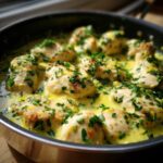 Close-up of pieces of chicken simmering in a rich, yellow Creamy Lemon Chicken Skillet sauce, topped generously with fresh chopped herbs.