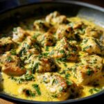 Close-up of bite-sized chicken pieces simmering in a rich, yellow Creamy Lemon Chicken Skillet sauce topped with fresh green herbs.