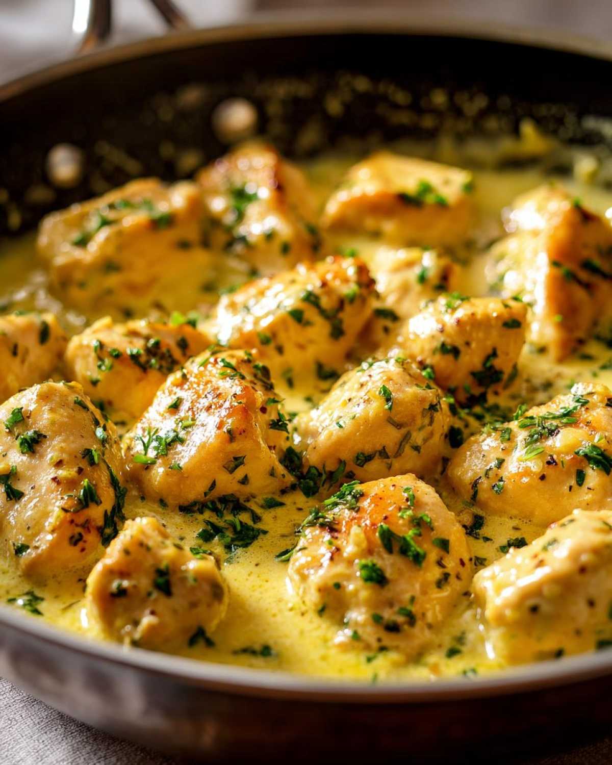Close-up of tender chicken pieces simmering in a rich, creamy lemon sauce, garnished heavily with fresh herbs.
