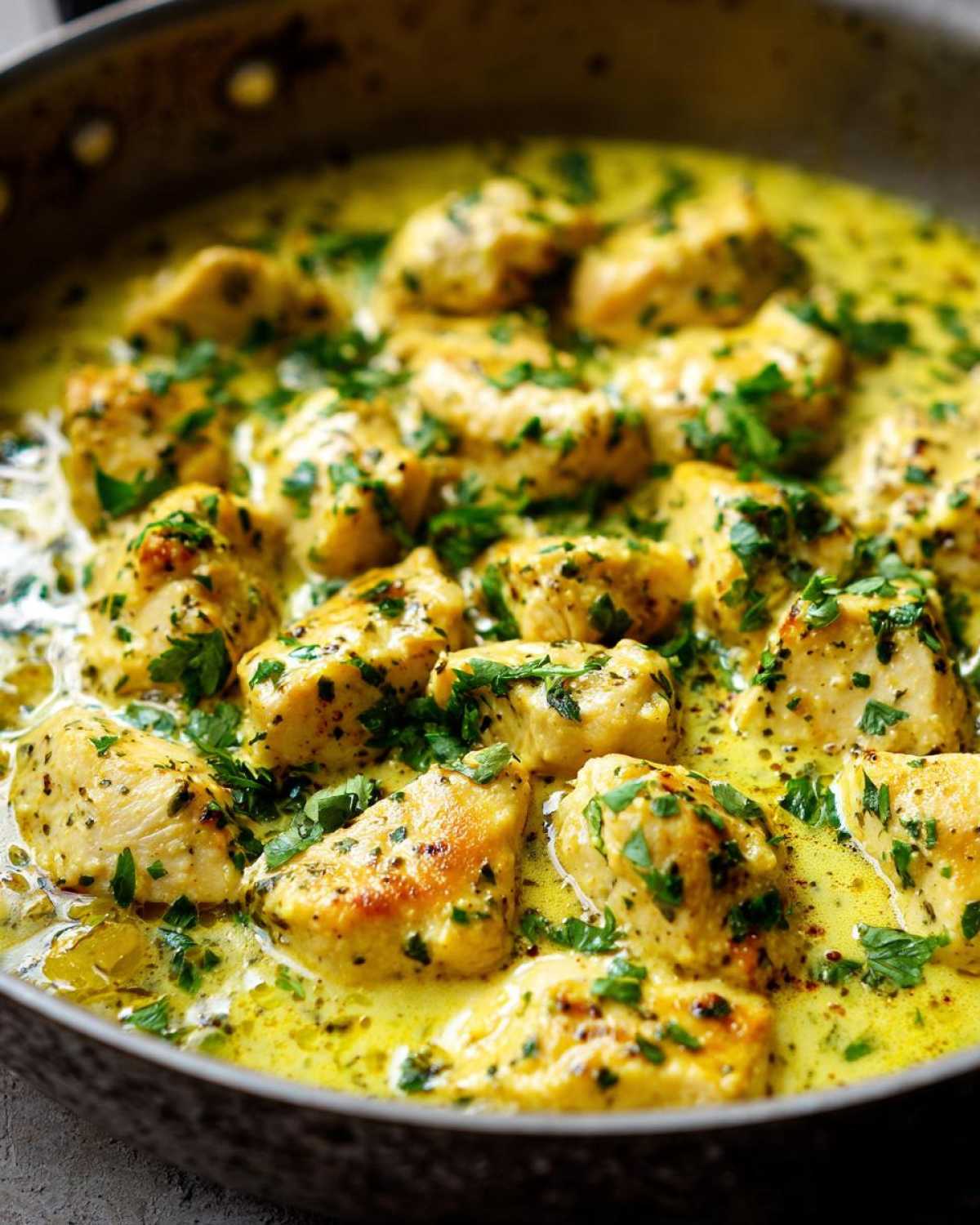 Close-up of golden chicken pieces simmering in a rich, yellow Creamy Lemon Chicken Skillet sauce, topped generously with fresh herbs.