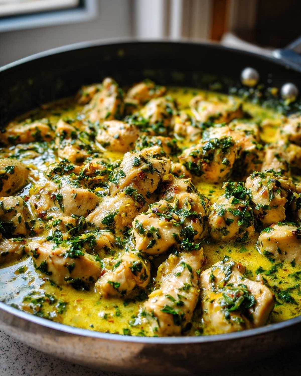 Close-up of bite-sized chicken pieces simmering in a rich, yellow sauce topped generously with fresh herbs for Creamy Lemon Chicken Skillet.