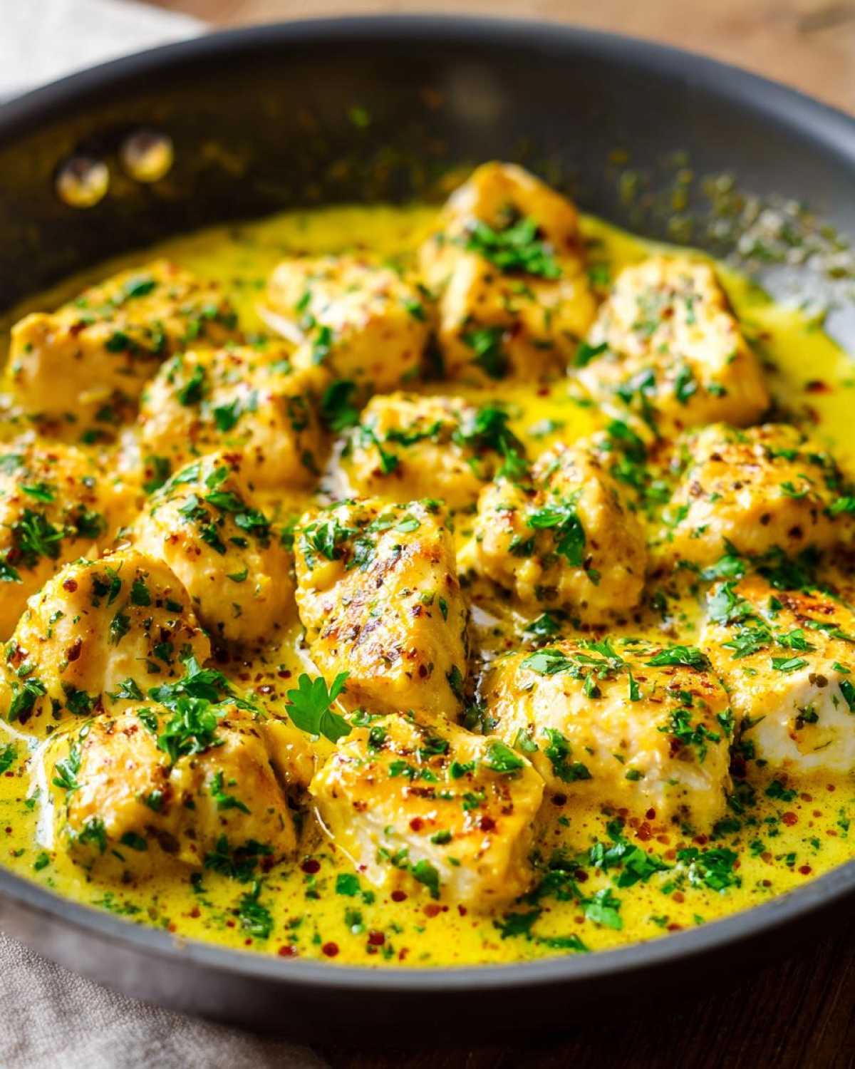 Close-up of cubed chicken pieces simmering in a bright yellow, creamy lemon sauce, topped generously with fresh herbs.